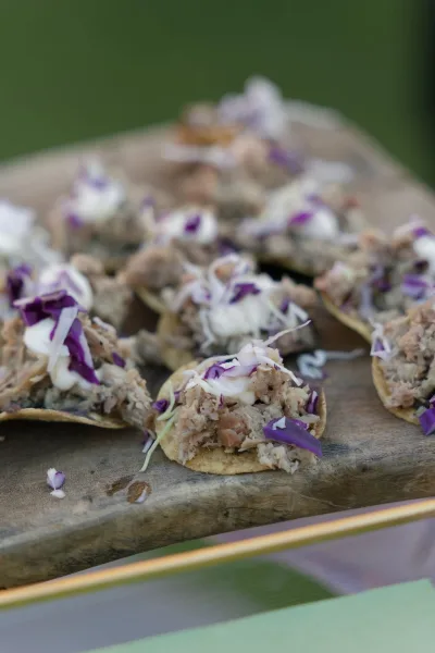 Wedding appetizers of mini tacos with shredded meat and purple cabbage garnish on a wooden serving board beside a green lawn table edge