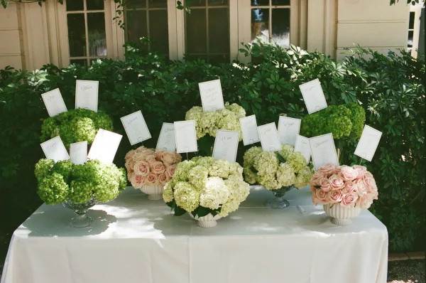 Escort card display styled as a floral seating chart, accented with hydrangeas, set amid shaded garden greenery.
