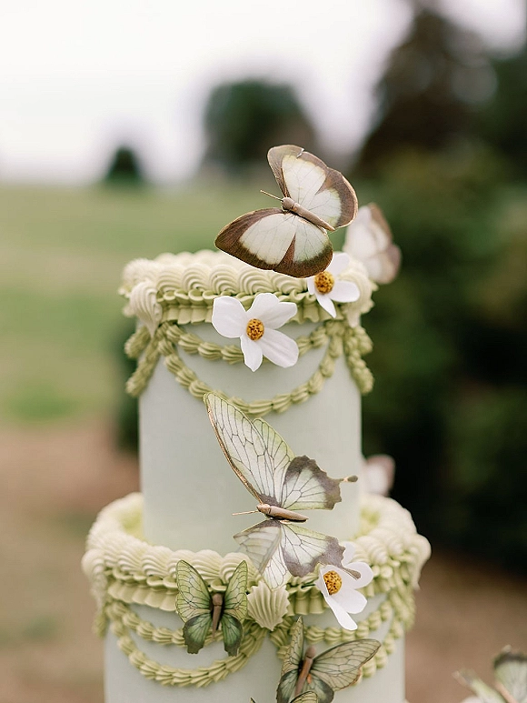 Wedding cake with sage green tiers, piped frosting, sugar flowers and butterfly toppers, set against blurred outdoor greenery and sky