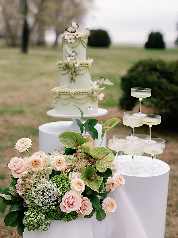 Wedding cake with butterfly cake toppers on white pedestal tables beside a champagne coupe tower, styled with pink roses on a lawn by water horizon