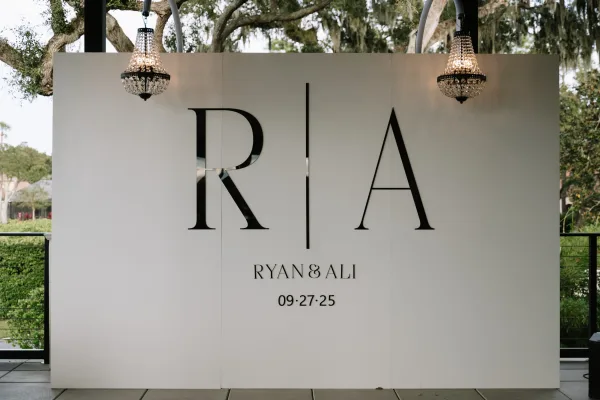 Wedding welcome sign with wedding monogram sign in black letters on a white panel, showing couple names and date on an outdoor patio with chandeliers