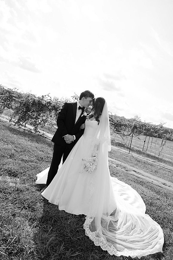 Wedding couple portrait of bride and groom kissing, holding hands in a vineyard field, bride in strapless gown with lace veil and bouquet
