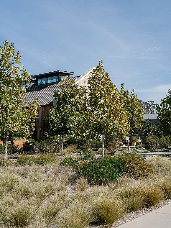 Wedding venue exterior with stone wall and wood siding, featuring a metal roof, benches and planters along a paved walkway under blue sky