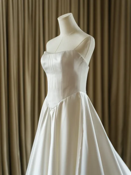 Wedding dress close-up of a strapless wedding gown, tightly framed to emphasize graceful contours and refined construction.