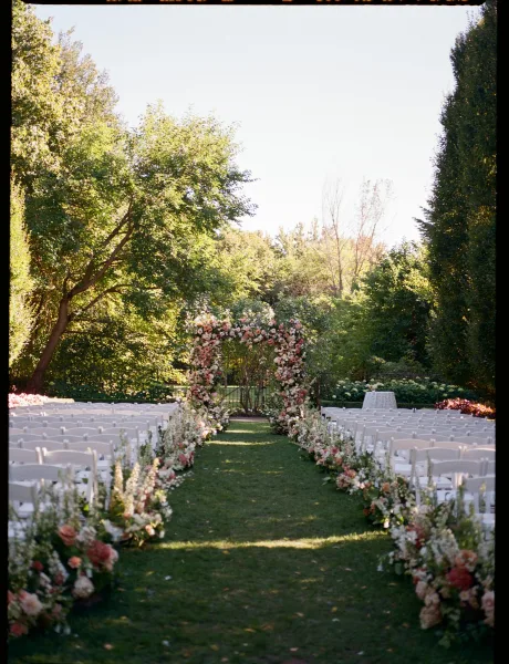 Ceremony setup for an outdoor wedding ceremony with a floral arch and aisle florals, white folding chairs on a sunlit garden lawn.