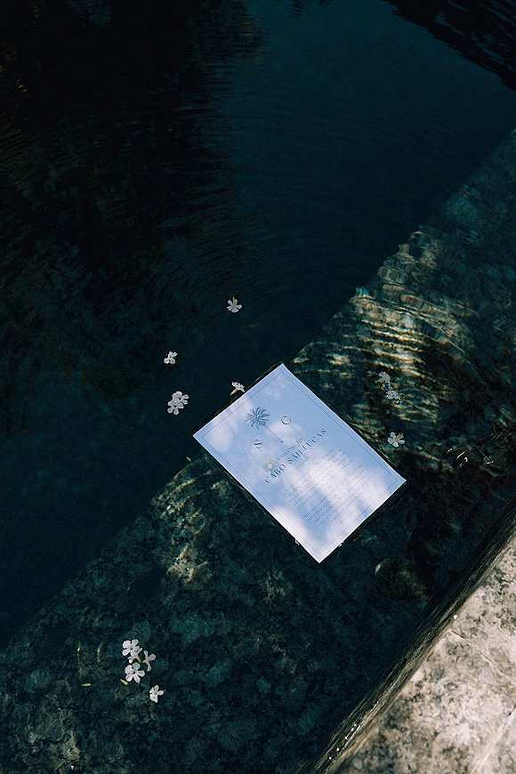 Wedding invitation floating in water with floral illustration and white flowers, sunlight reflections shimmering beside a stone edge