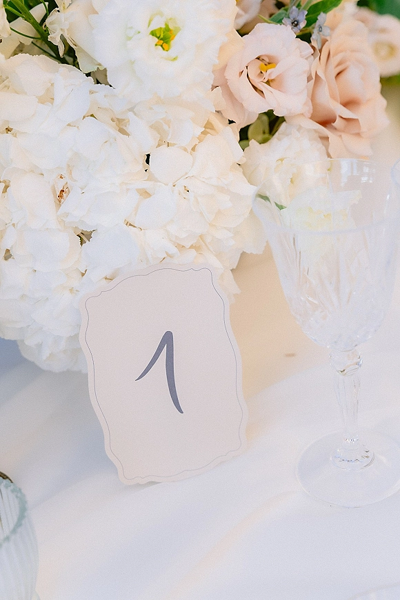 Wedding table number card with calligraphy on a white tabletop beside hydrangeas, blush roses, greenery, and a clear water goblet