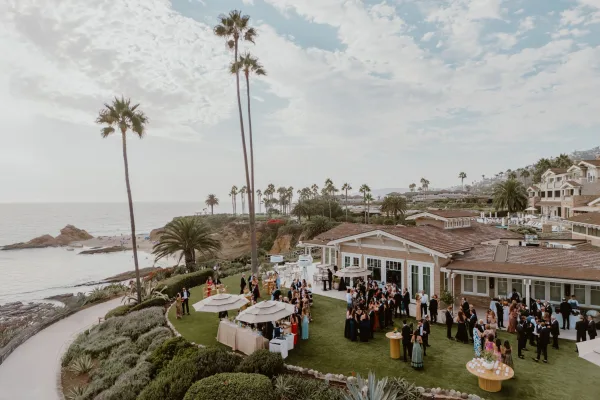 Outdoor cocktail hour with a polished reception bar setup on a coastal lawn overlooking the ocean and framed by swaying palm trees.