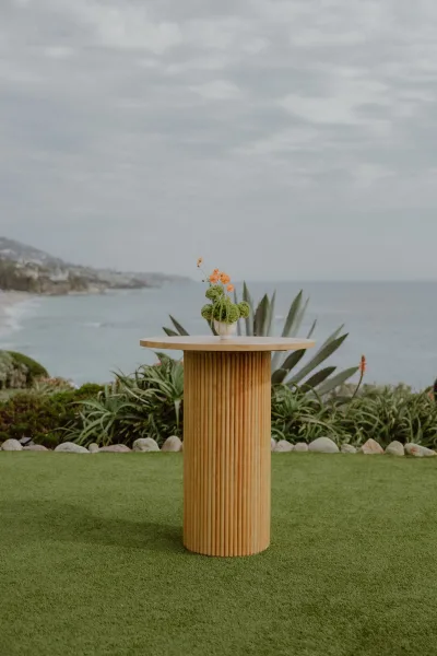 Cocktail table decor on an outdoor cocktail hour table, a bud vase with a single orange bloom overlooking the ocean and agave-dotted coastline.