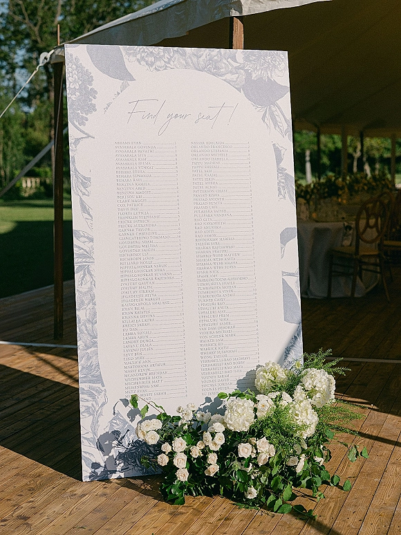 Wedding seating chart with a floral border of white roses, hydrangea, and greenery on a wood deck under a tent canopy