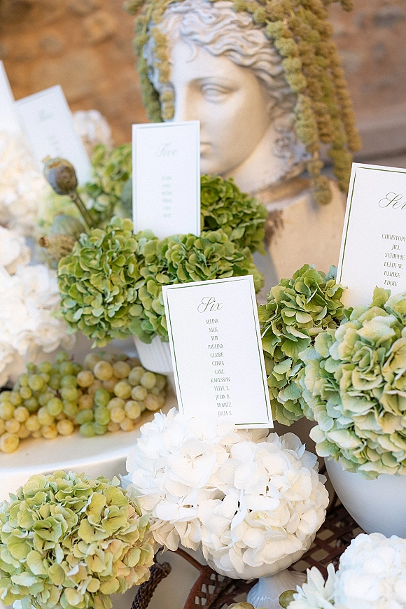 Wedding escort cards arranged alphabetically in white bowls with hydrangea and grapes, beside a classical bust on stone steps