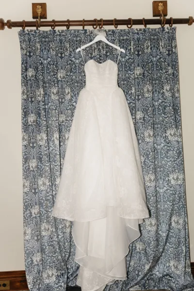 Wedding dress close-up of a strapless wedding dress with a sweetheart neckline and delicate lace bodice