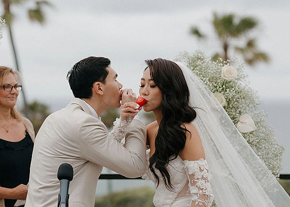 Ceremony moment as bride and groom toast with a strawberry shot, her long veil and lace dress against palm trees and cloudy sky backdrop