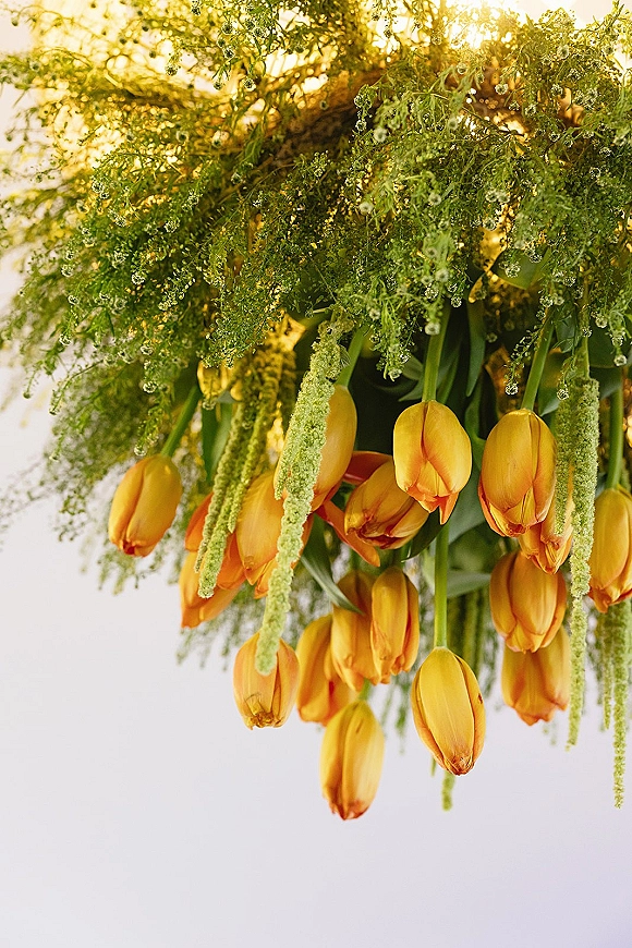 Hanging floral installation with yellow tulips and greenery, draping amaranthus and tiny white blooms glowing in sunlight by a white wall