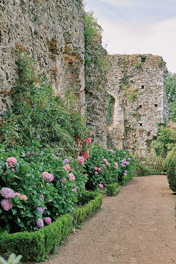 Wedding venue ruins with hydrangeas lining a gravel garden path, framed by stone walls, formal hedges, and greenery under open sky