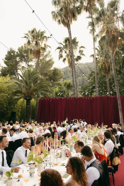 Outdoor reception dinner arranged for an al fresco wedding reception under warm string lights, framed by palm trees with hills beyond.
