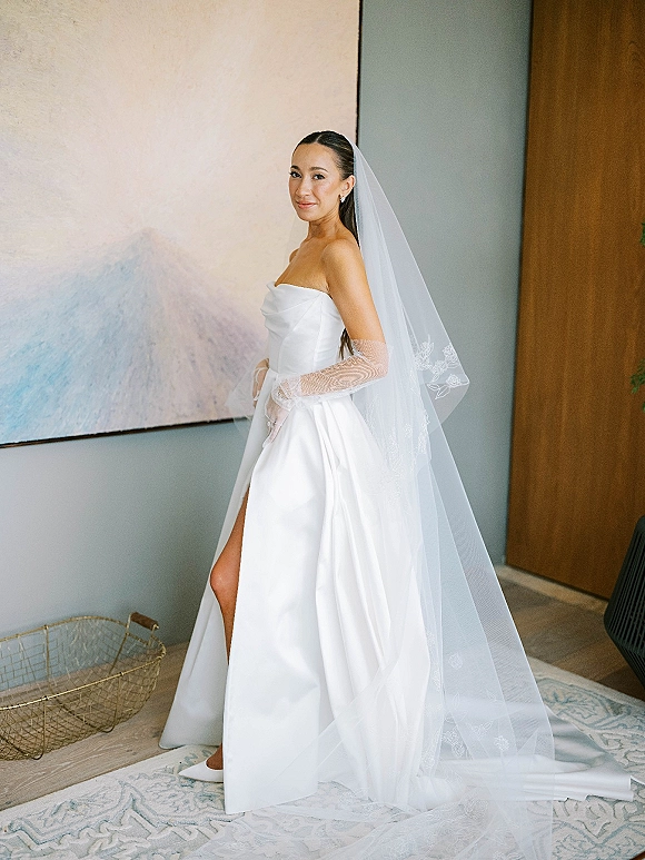 Bridal portrait of a bride in a strapless satin wedding dress with cathedral veil and lace gloves, standing in an indoor room with abstract art