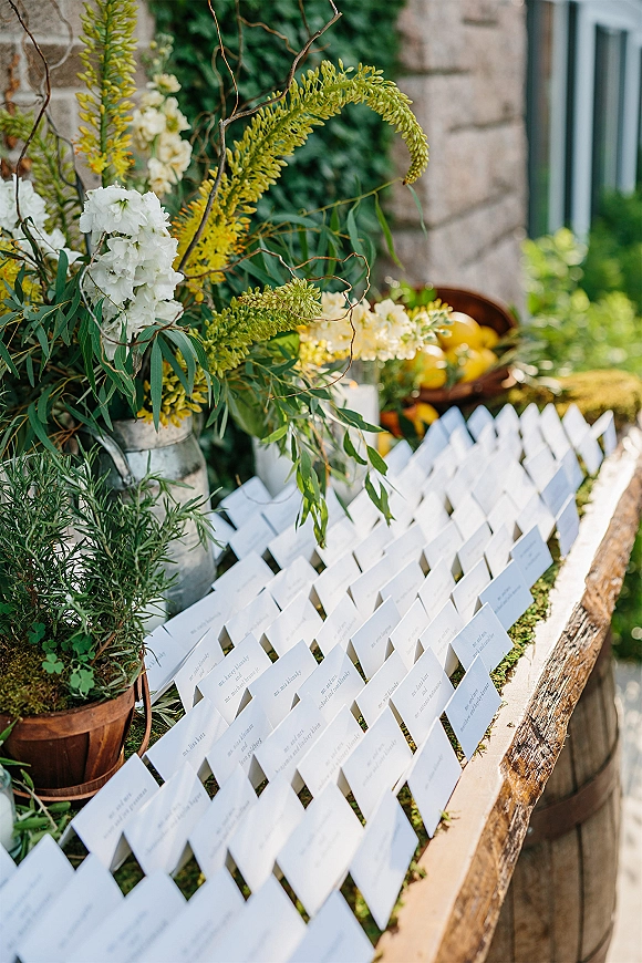 Escort card display with minimalist white escort cards on a moss runner atop a wooden table, styled with lemons, herbs, and florals by an ivy stone wall