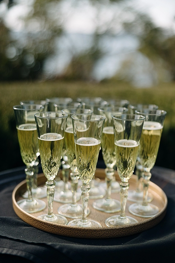 Champagne toast glasses on a round serving tray, sparkling wine flutes ready on a tablecloth with blurred trees and sky behind