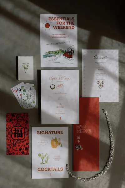 Wedding stationery invitation suite displayed with playing cards as an accent, hinting at the couple’s fun theme and personality.