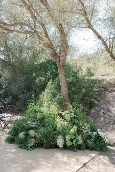 Ceremony ground florals shape a natural altar of garden ceremony flowers with hydrangeas, set beneath tall trees by a rustic patio.