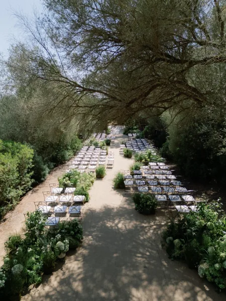 Outdoor ceremony setup along a garden ceremony aisle framed by soft aisle florals beneath a grand tree canopy and garden trees.