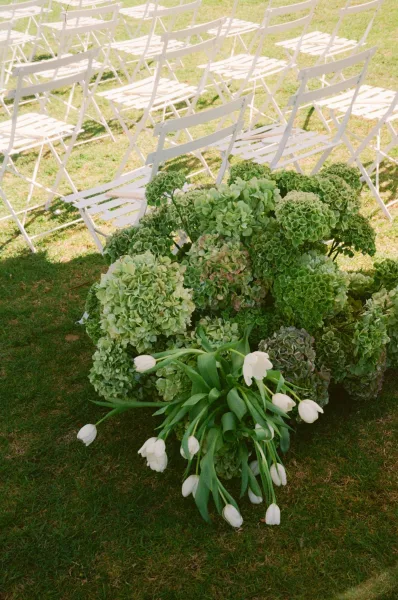 Ceremony aisle decor framing garden ceremony seating with lush hydrangeas clustered at chair ends on a fresh grass lawn.
