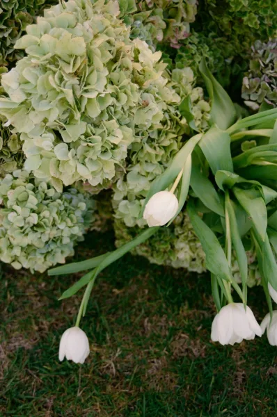 Wedding floral arrangement featuring green hydrangea wedding flowers, styled in a loose, organic design for an elegant, natural look