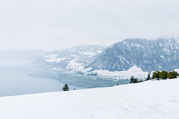 Mountain landscape with snow accents overlooking a calm alpine lake, framed by evergreen trees beneath a cloudy, overcast sky