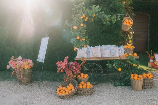 Wedding favor display featuring citrus wedding favors with oranges, set outdoors against garden hedges and gravel ground.