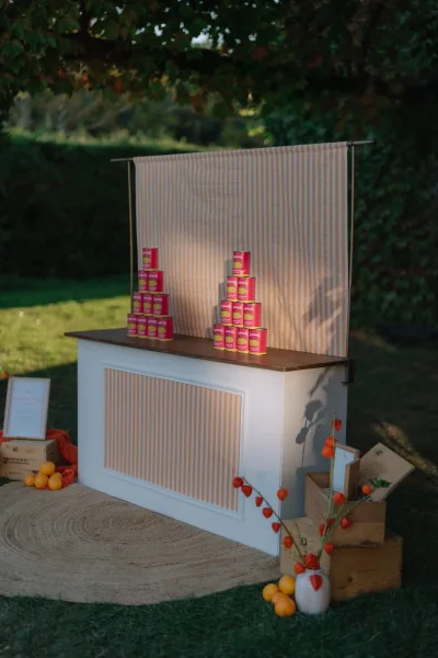 Lawn game setup featuring a tin can toss game, stacked cans ready on a grass lawn beside a garden hedge under a leafy tree canopy.