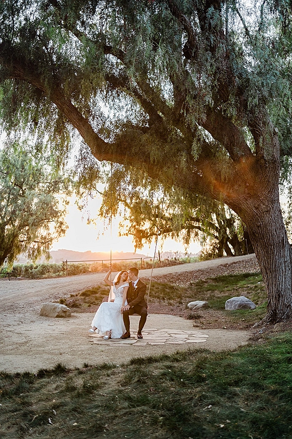 Couple portrait of bride and groom on swing under a large tree at sunset, her veil glowing in golden light on a dirt path
