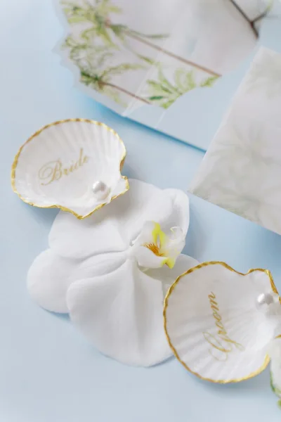 Wedding place cards styled as seashell place cards with gold edging, neatly arranged on a light blue surface