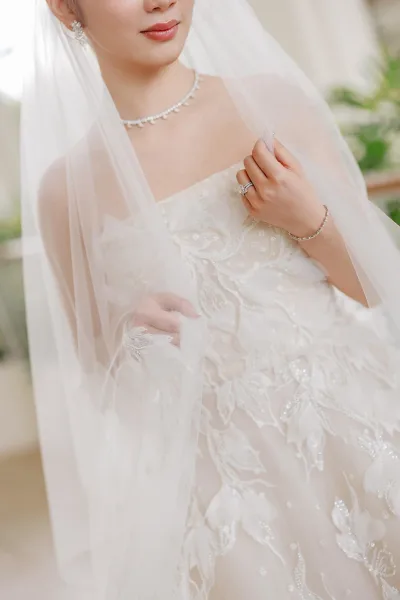Wedding dress close-up of a strapless bridal gown with a sheer tulle veil, captured indoors with soft greenery in the background.