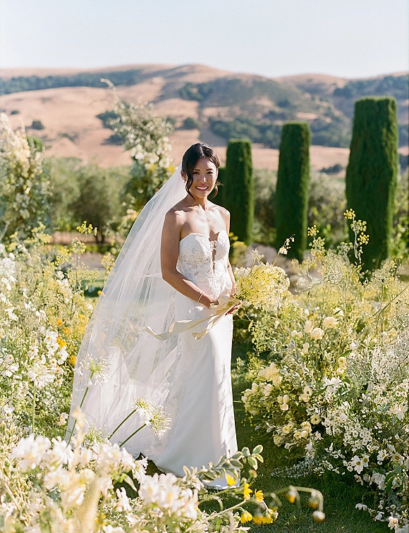 Bridal portrait of a bride holding bouquet in a strapless lace wedding dress with cathedral veil, standing in a wildflower garden with cypress trees