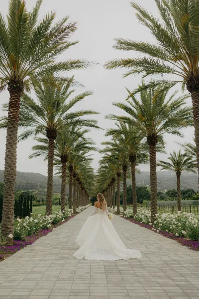 Bridal portrait of a bride walking away in an off-the-shoulder lace ball gown along a palm-lined garden walkway under an overcast sky.