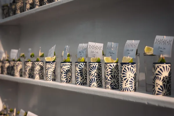 Wedding escort cards arranged as an escort card display on shelves with mini ceramic vases, clothespins, and lime wedges against a painted wall