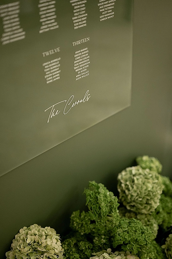 Wedding seating chart acrylic sign with white calligraphy lettering and hydrangea accents against a dark green wall backdrop