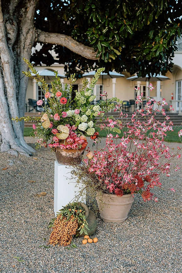 Wedding floral arrangement with potted wedding flowers on pedestal plinths, pink and white blooms with citrus accents in a gravel courtyard