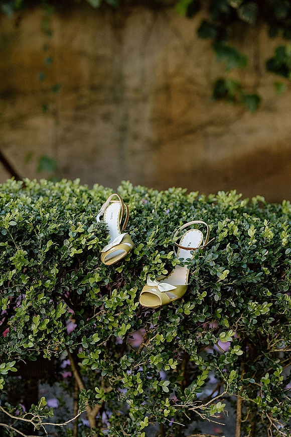 Wedding shoes in sage green with ankle strap heels and bow detail perched on a hedge against garden foliage and stone wall