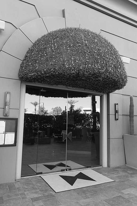 Wedding venue entrance with glass double doors and geometric logo doormat beneath a greenery awning, framed by stucco archway and cactus