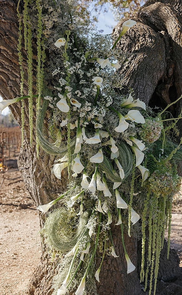 Wedding floral installation of white calla lilies and baby's breath with hanging amaranthus and greenery on a tree trunk under blue sky