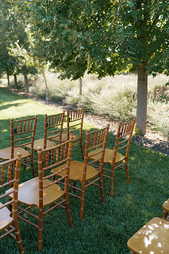 Ceremony seating with wood chiavari chairs arranged in rows on a grassy lawn under shade trees beside a fence and open field