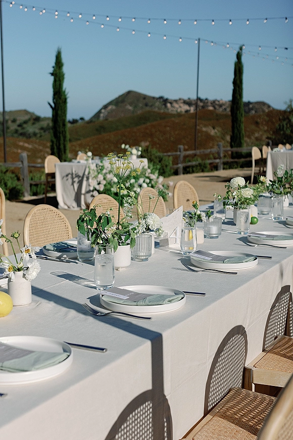 Reception tablescape with white tablecloth, sage green napkins, black flatware, bud vases, greenery garland, citrus, and string lights outdoors