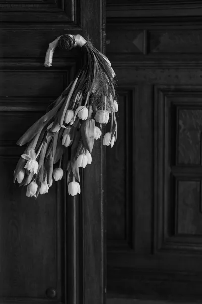 Tulip bouquet styled as a bridal tulip bouquet with a ribbon tie, resting against a wood door with paneling and a visible door knob.