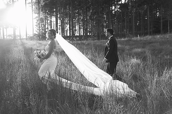 Couple portrait in a tall grass meadow with bride in strapless lace dress and cathedral veil holding a bouquet beside groom in tuxedo, sunlit forest behind