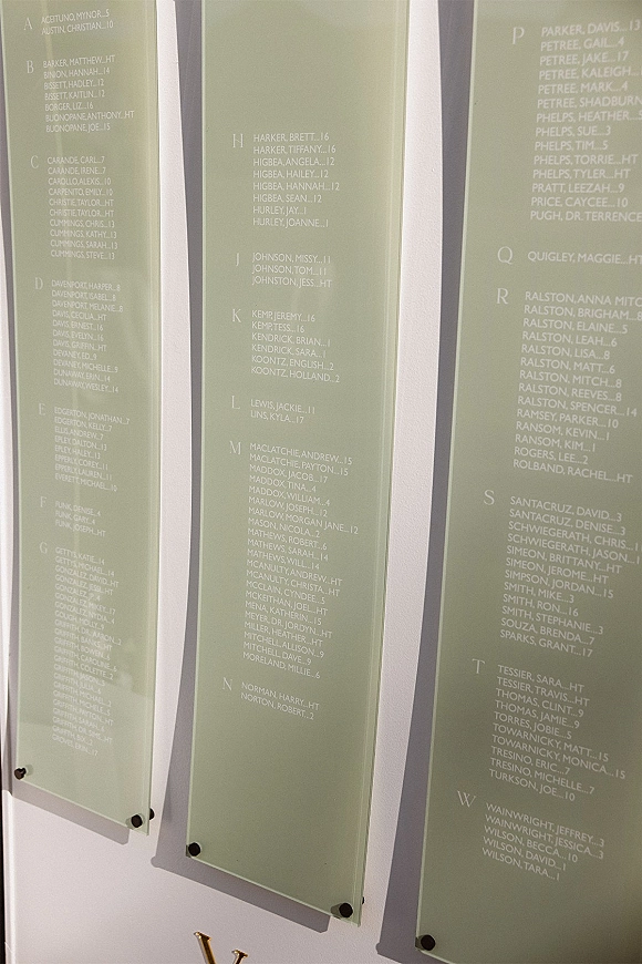 Wedding seating chart on frosted acrylic panels with white vinyl lettering and standoff hardware mounted on a white wall display