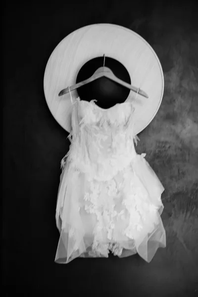 Wedding dress, a strapless bridal gown with delicate lace appliqué, hangs against a dark wall with round wall decor