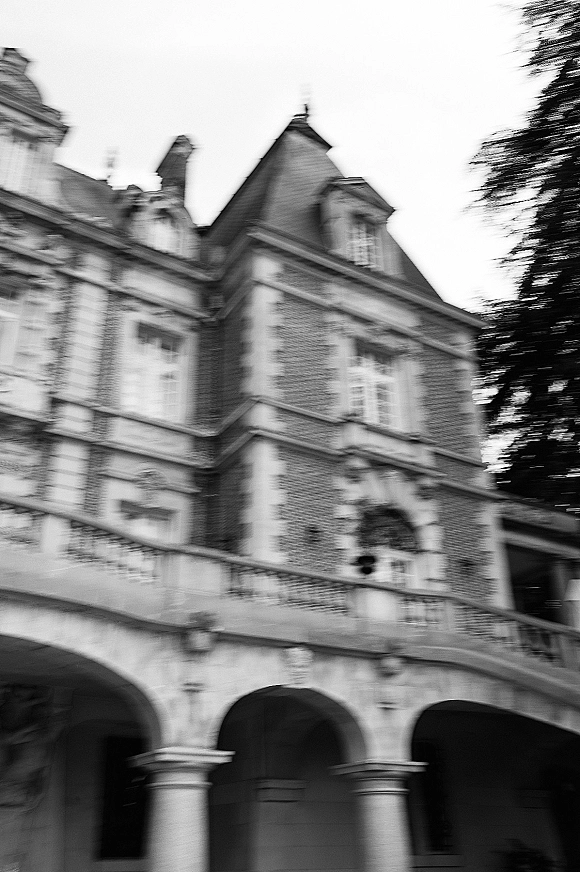 Wedding venue exterior, a black and white wedding venue with stone arches, columns, and brick facade beneath trees and sky