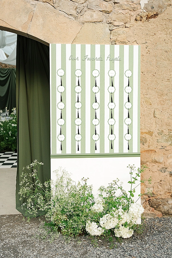 Wedding seating chart with striped board and hanging place cards with tassels, framed by hydrangeas and baby's breath at a stone wall entry